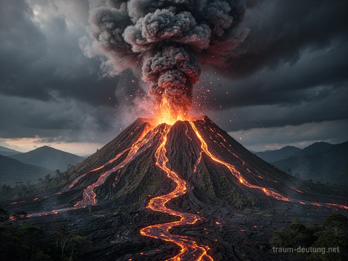 Ein Vulkan bricht aus und speit Rauch und Lava in einen dunklen Himmel.