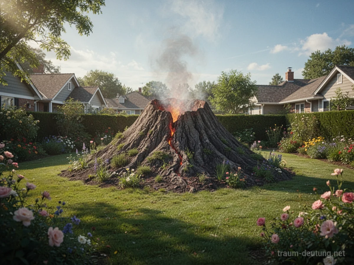 Ein kleiner Vulkan steht mitten in einem gepflegten Garten.