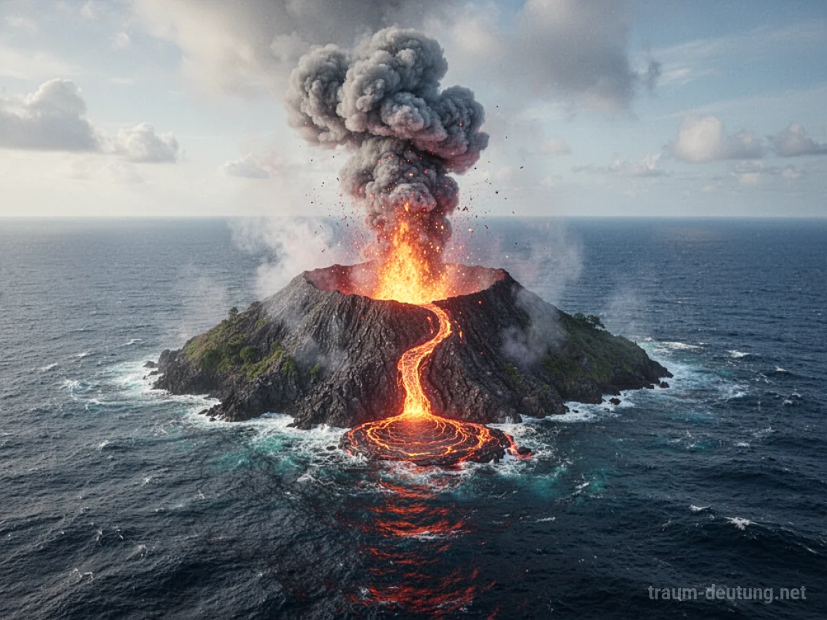Vulkan bricht im Ozean aus, Lava fließt ins Wasser.