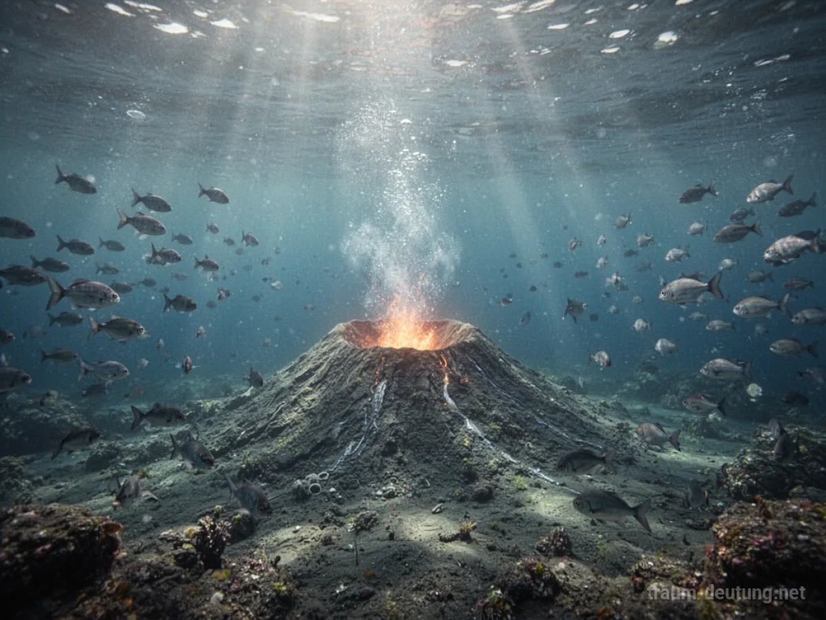 Ein unter Wasser liegender Vulkan bricht sanft aus, Fische schwimmen umher.