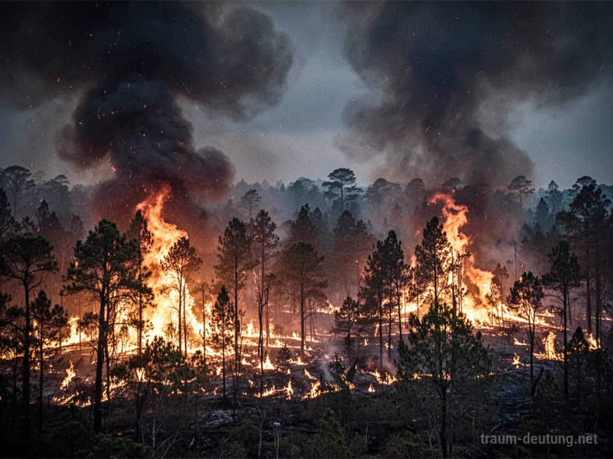Ein dichter Wald steht in Flammen, Rauch steigt auf.