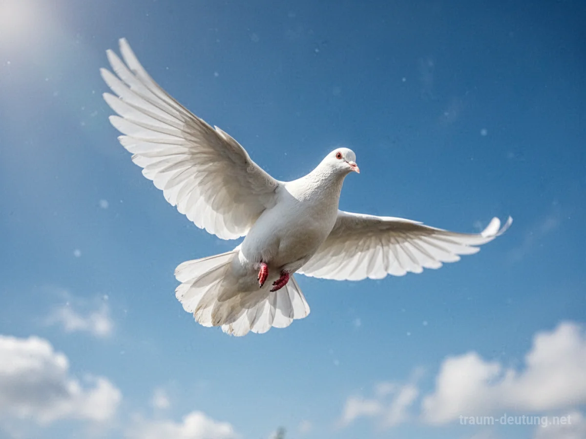Ein weißer Vogel fliegt vor einem hellblauen Himmel.