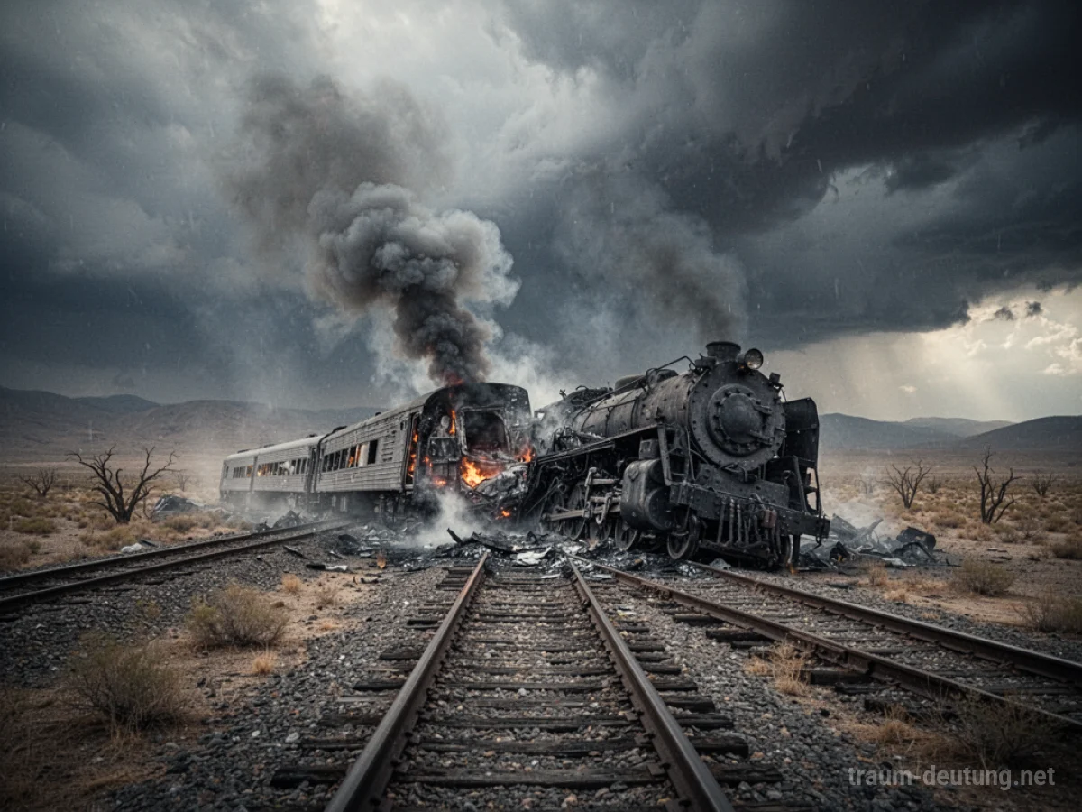 Ein entgleister Zug auf Bahngleisen in einer zerstörten Landschaft