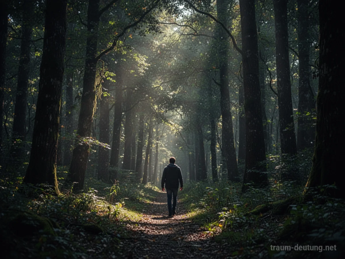 Eine Person geht allein durch einen dichten Wald.