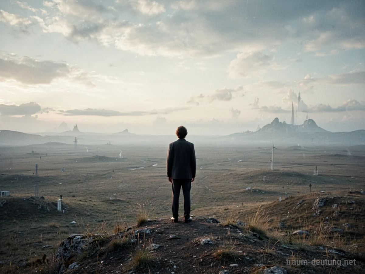 Eine einsame Person steht in einer weiten, leeren Landschaft und blickt in die Ferne.