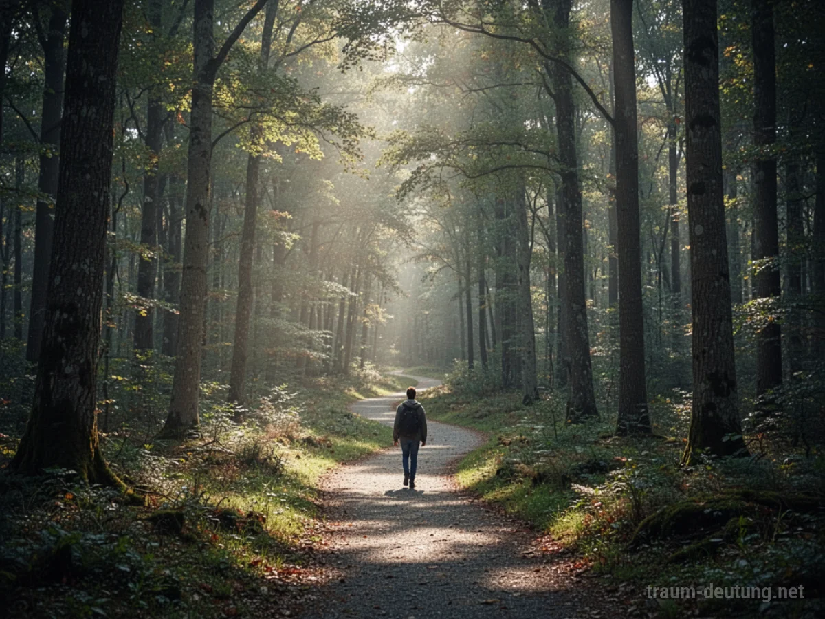 Eine einzelne Person wandert auf einem Pfad durch einen Wald