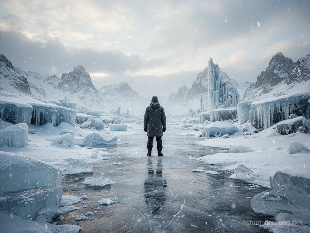 Eine erstarrte Landschaft mit einer einzelnen, bewegungslosen Figur im Eis und Schnee.