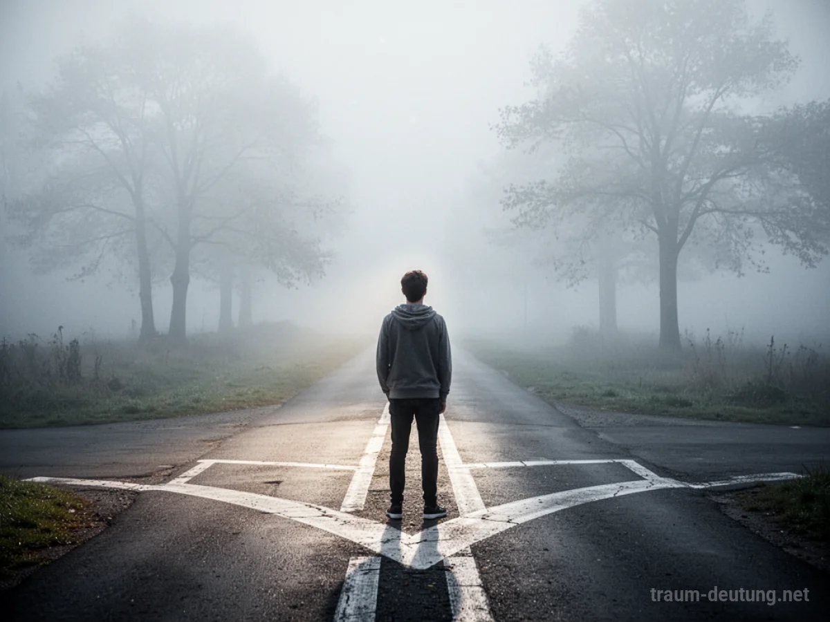 Person blickt auf klaren Weg, Nebel lichtet sich