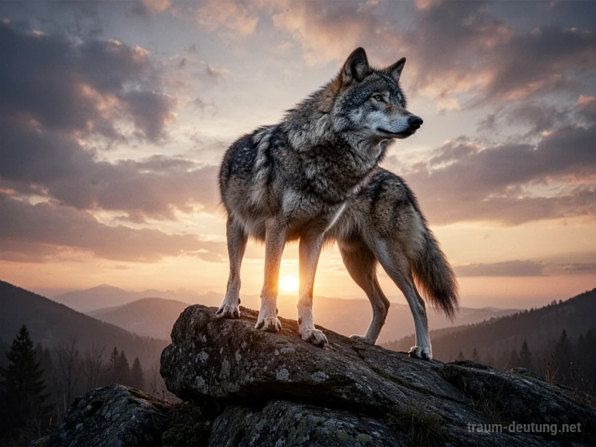 Alpha Wolf steht mächtig auf einem Felsen im Morgengrauen.