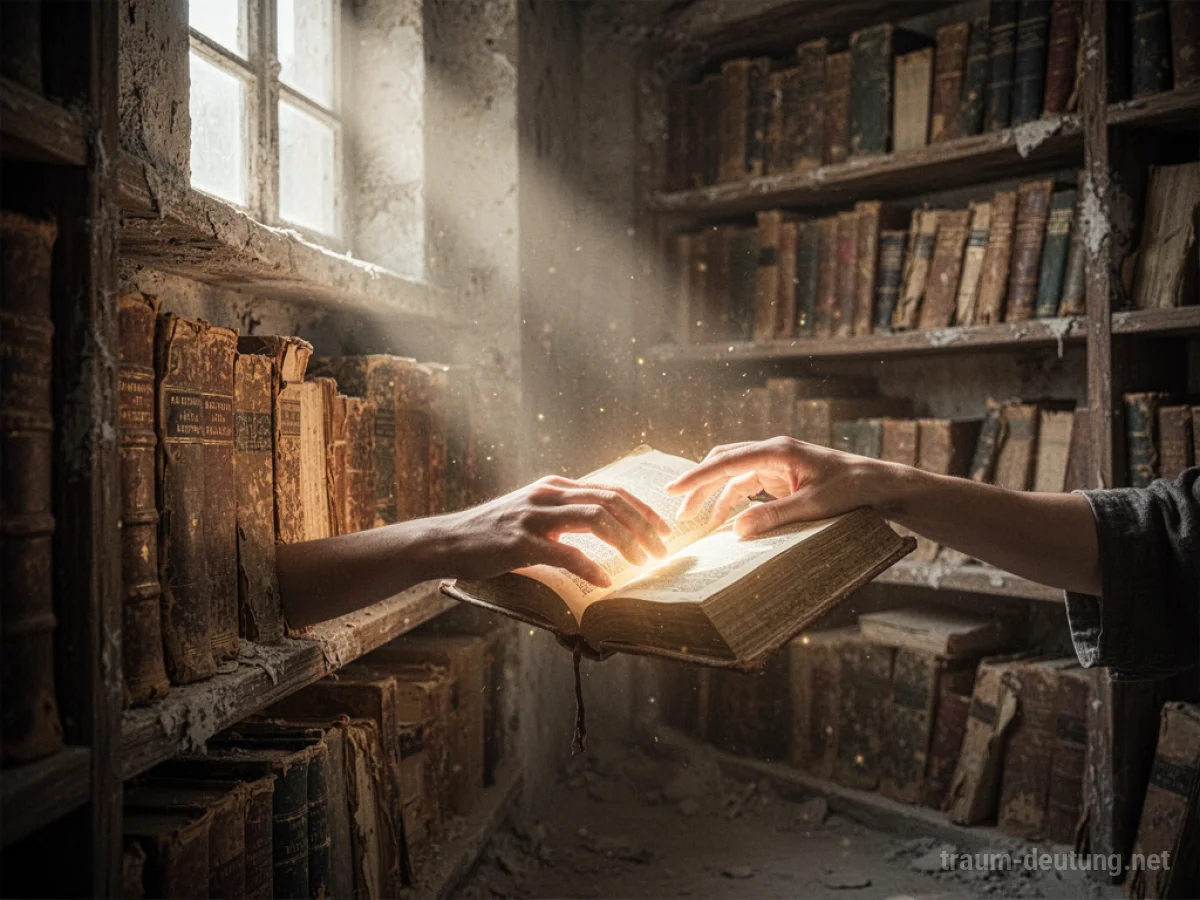 Hand berührt ein leuchtendes altes Buch in einer staubigen Bibliothek