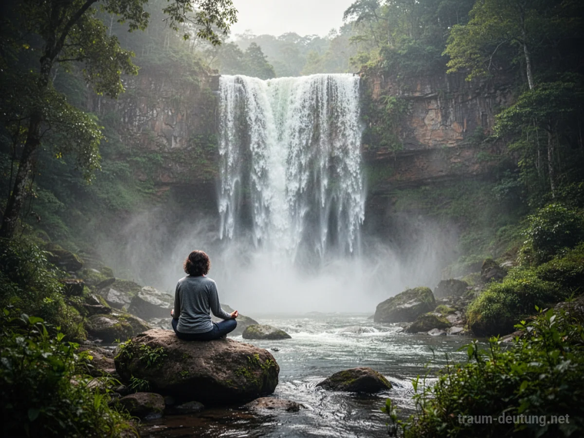 Eine Person sitzt ruhig an einem Wasserfall im Wald.