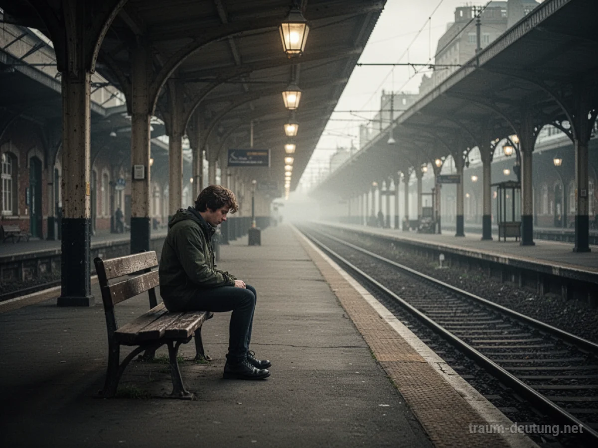 Eine Person sitzt allein auf einer Bahnhofsbank und blickt auf eine leere Gleisanlage.