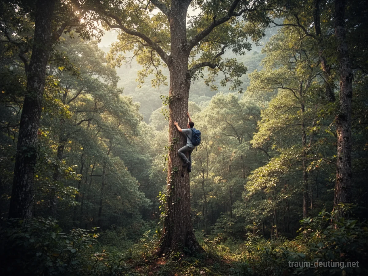 Person klettert auf einen hohen Baum im dichten Wald mit Blick über die Baumwipfel.