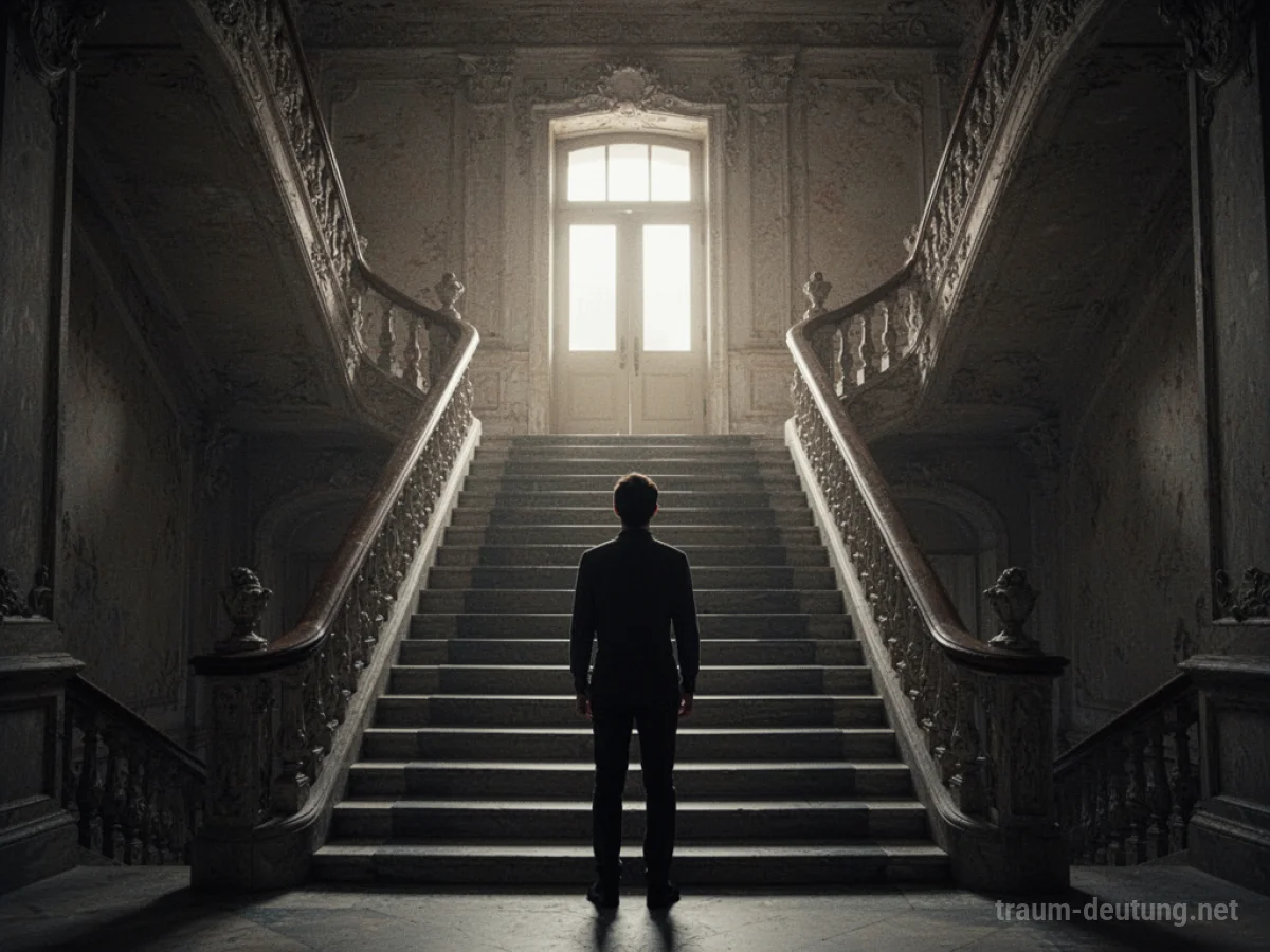 Silhouette einer Person wartet vor einer Treppe mit einer Tür am oberen Ende.