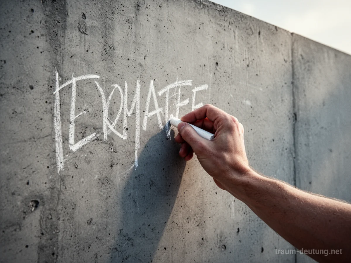 Hand schreibt mit Kreide auf eine Betonwand.