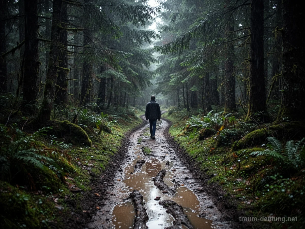 Eine Person wandert auf einem schmalen, schlammigen und rutschigen Pfad durch einen dunklen Wald.