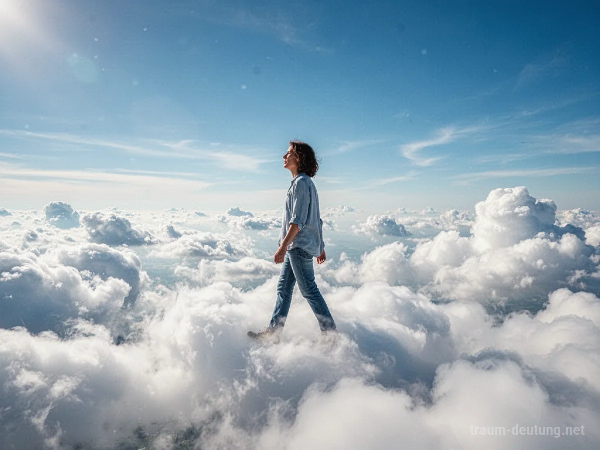 Person läuft auf weißen Wolken im blauen Himmel