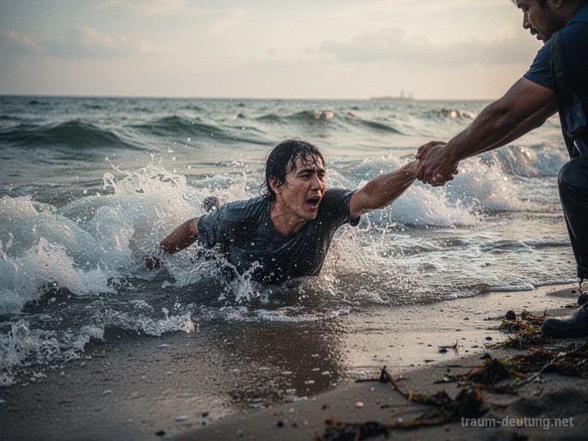 Person wird aus stürmischem Wasser an ein Ufer gezogen
