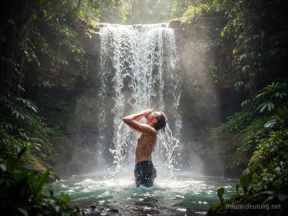 Person trinkt erfrischendes Wasser aus einem rauschenden Wasserfall im Wald