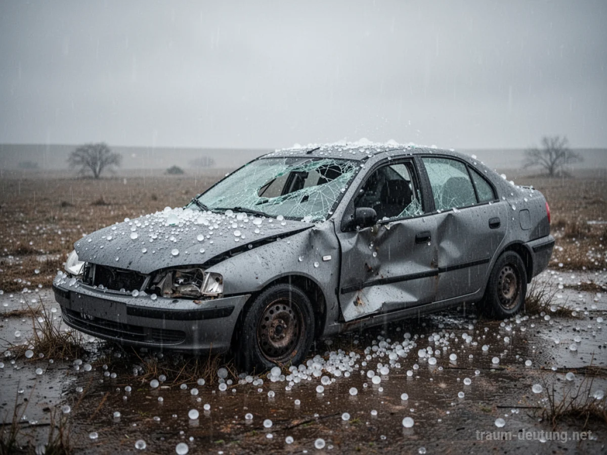 Ein von Hagelkörnern stark beschädigtes Auto mit zerbrochenen Fenstern auf einem regennassen Feld.