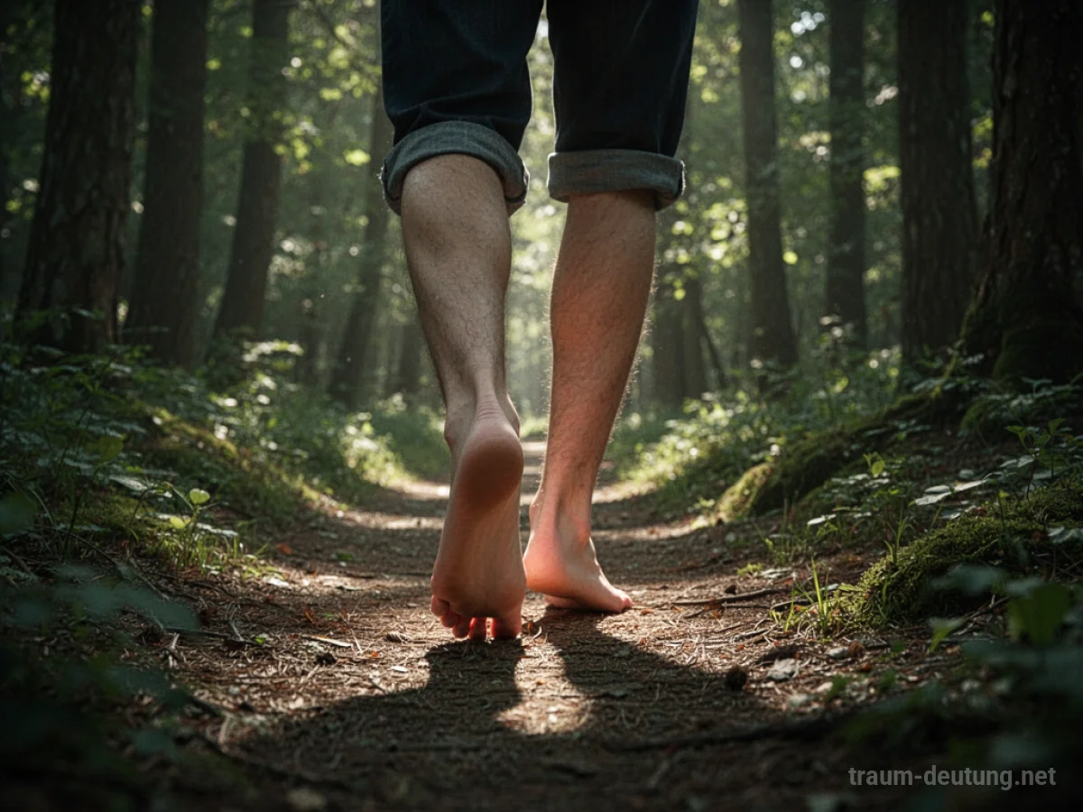 Füße einer Person, die barfuß auf einem Waldweg gehen, umgeben von Bäumen und Sonnenlicht.