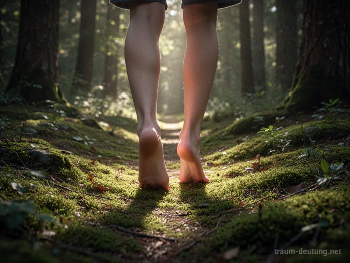 Barfuß im Wald auf moosigem Boden wandern