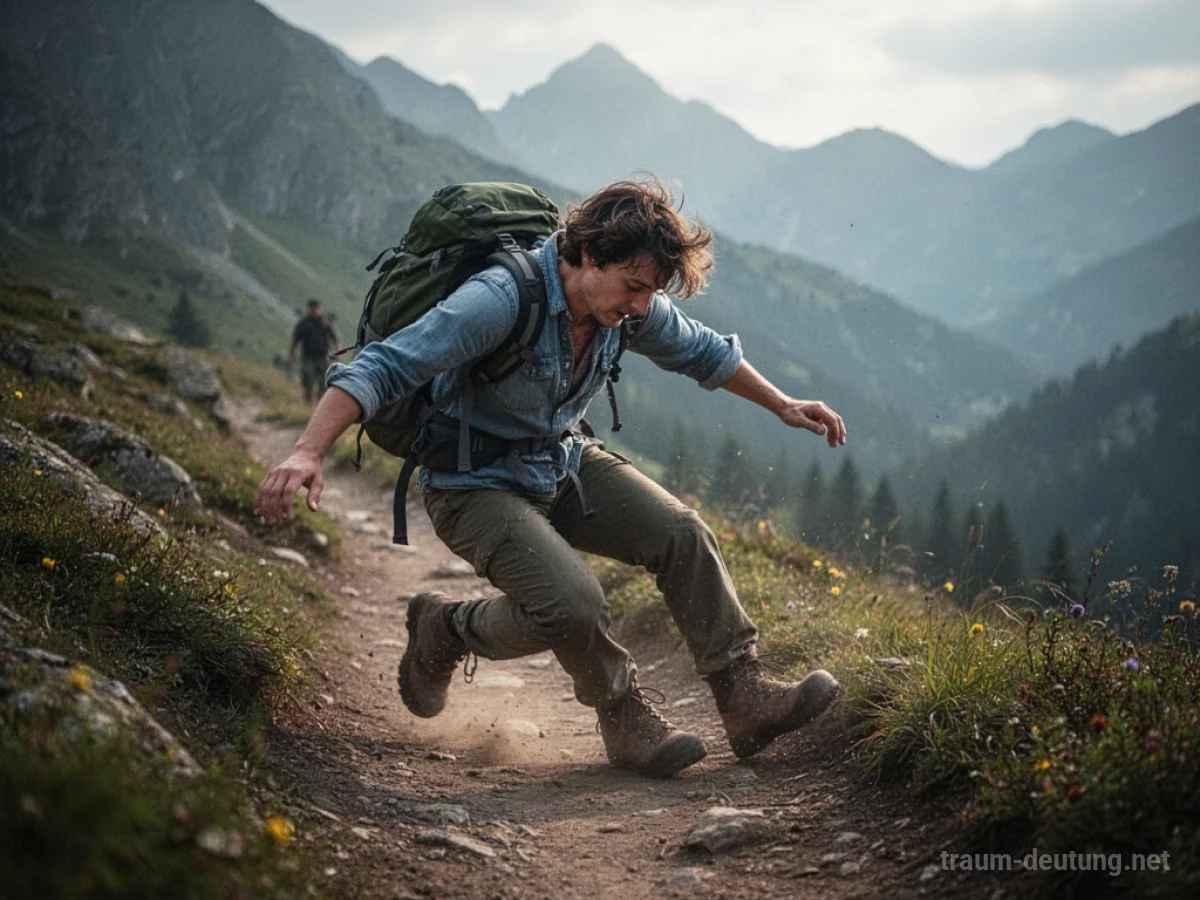 Eine Person stolpert und fällt auf einem Wanderweg in den Bergen.