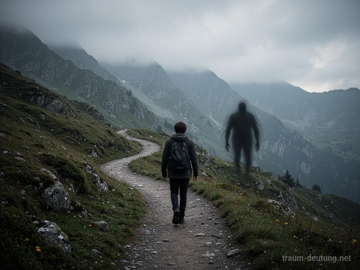 Eine einsame Person wandert auf einem Bergpfad, während eine dunkle Gestalt sie verfolgt.