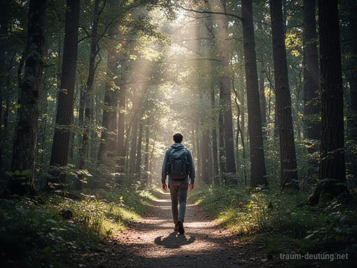 Person findet Weg beim Wandern in einem sonnendurchfluteten Wald