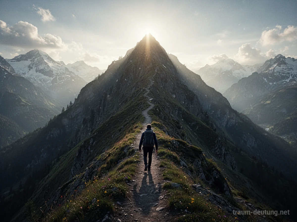 Silhouette einer Person, die einen steilen Bergpfad hinaufwandert.