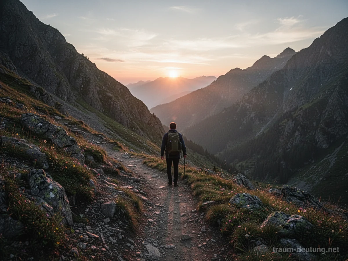 Mensch wandert einen steilen Bergpfad hinunter im Abendlicht.