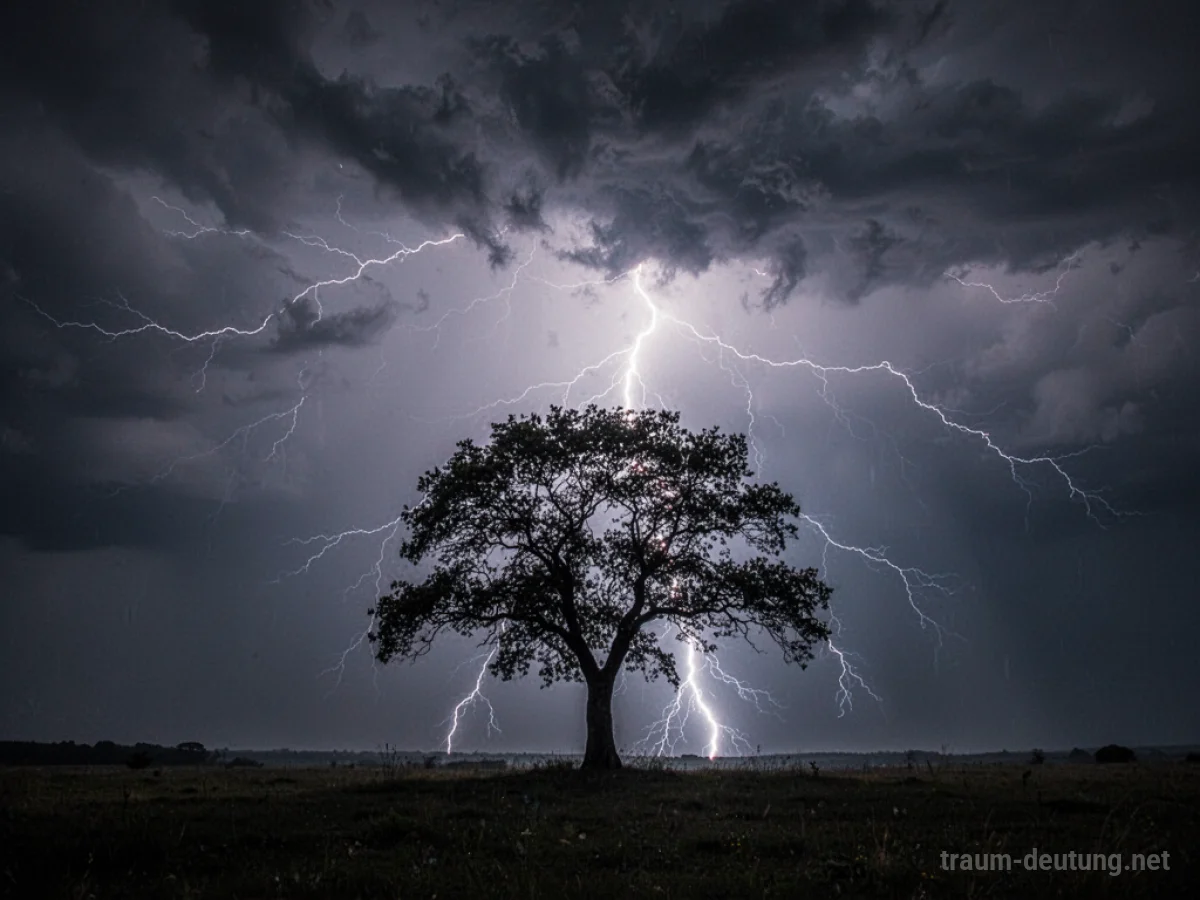 Blitzschlag erhellt dunklen Himmel über einem Baum