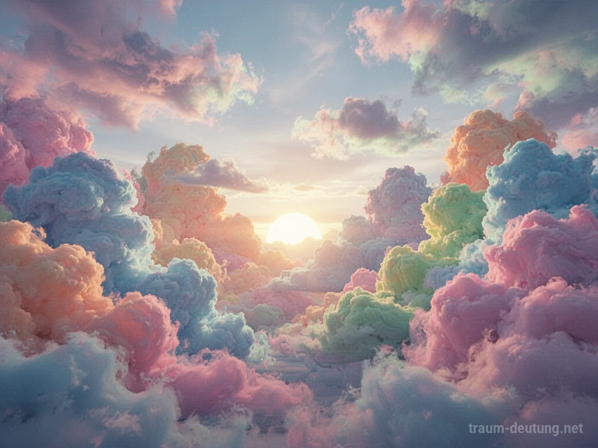 Ein Himmel voller bunter, flauschiger Wolken in verschiedenen Farben.