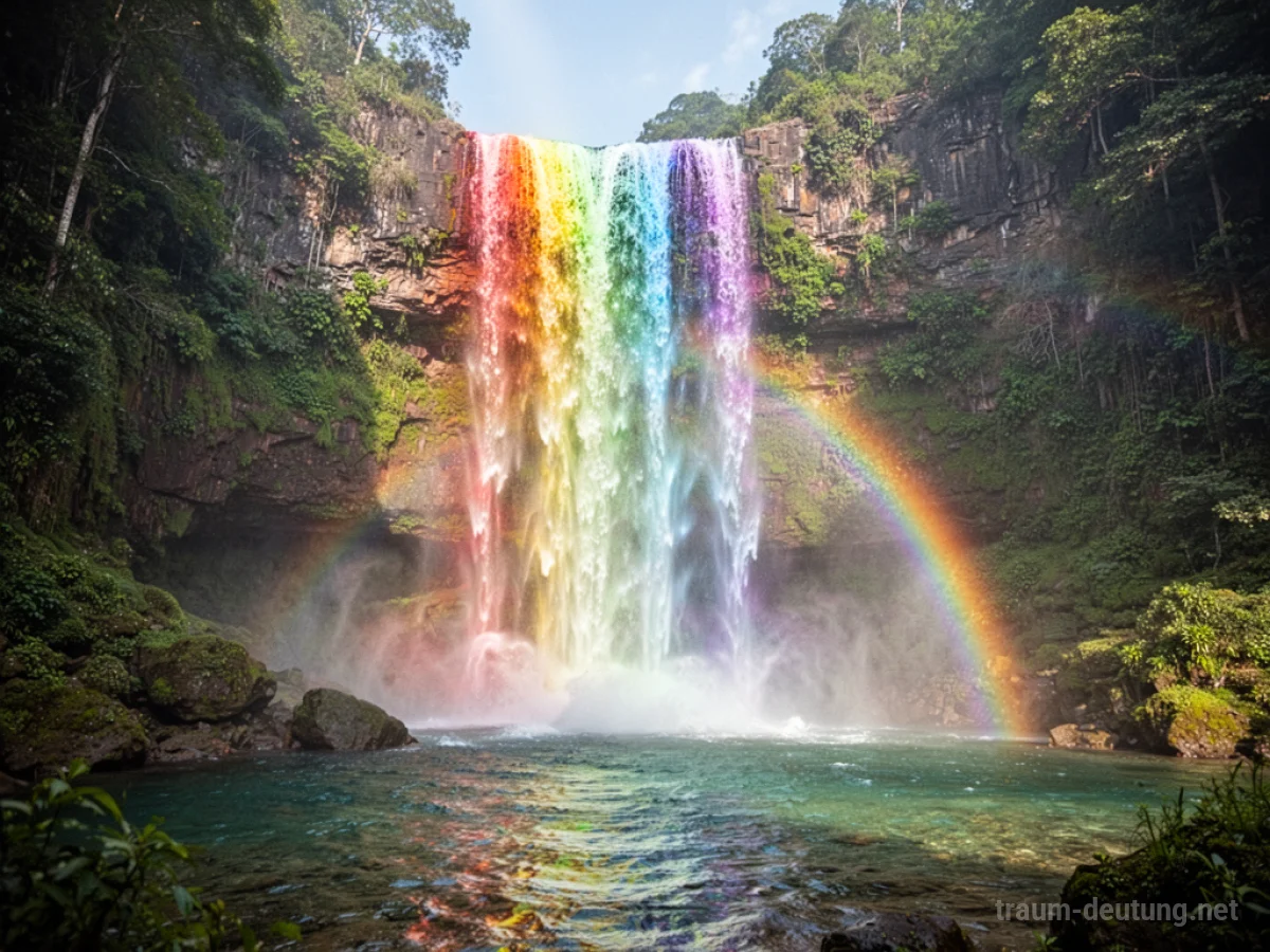 Bunter Wasserfall mit Regenbogenfarben, der in einen klaren Pool stürzt