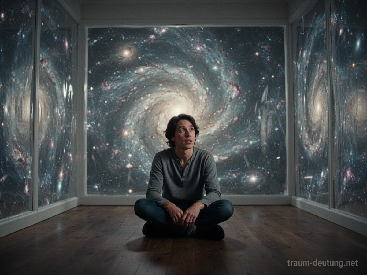 Eine Person in einem Raum, dessen Wände verschwommen und durchscheinend sind, mit Blick auf kosmische Muster dahinter.