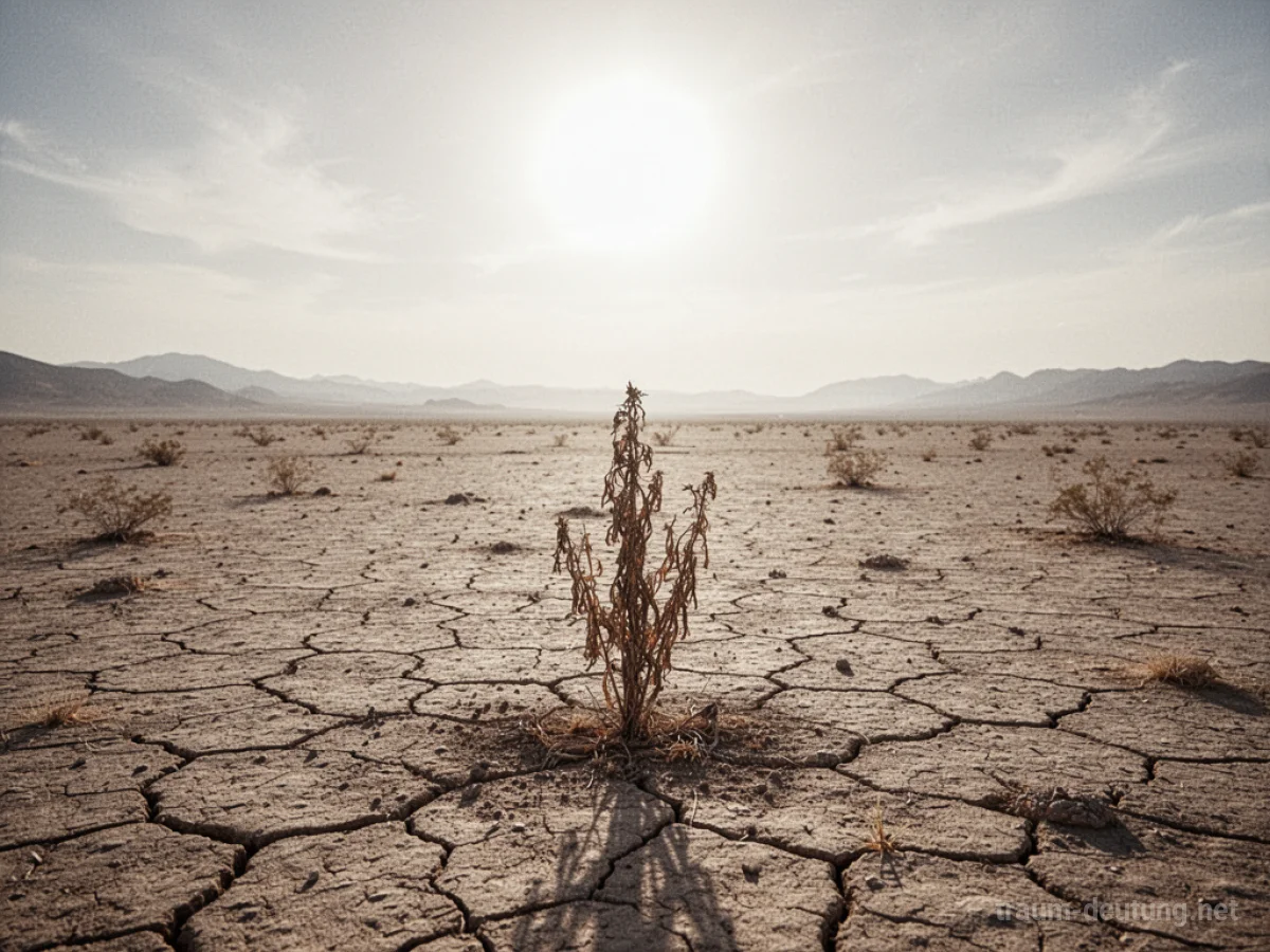Ausgetrocknete, rissige Erde unter einer bleichen Sonne, die Dürre symbolisiert.