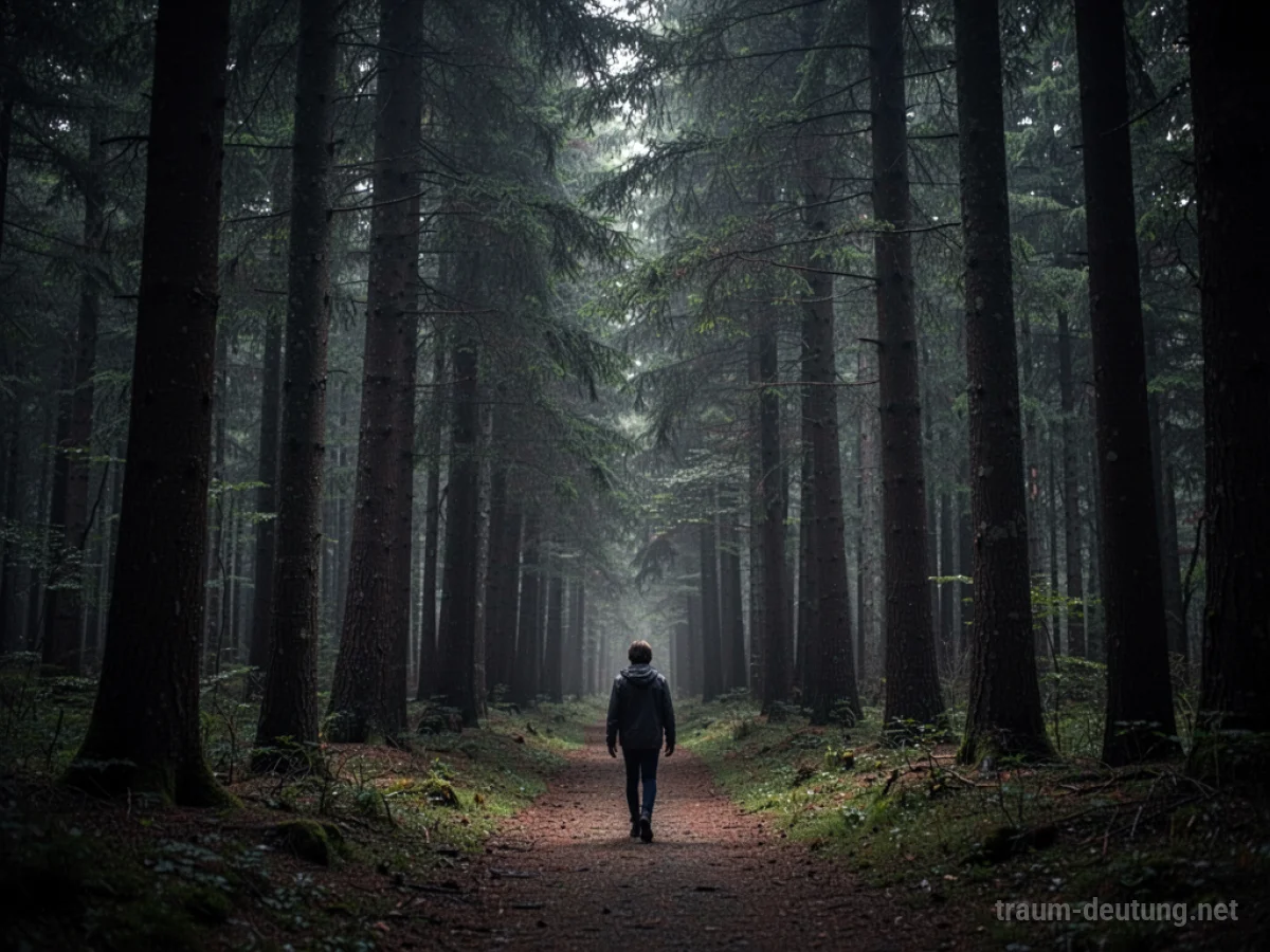 Eine Person geht auf einem schmalen Pfad durch einen dichten, dunklen Wald.
