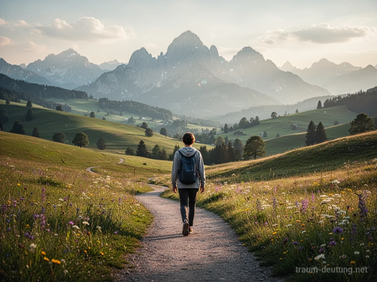 Person wandert durch eine malerische, sonnendurchflutete Landschaft.