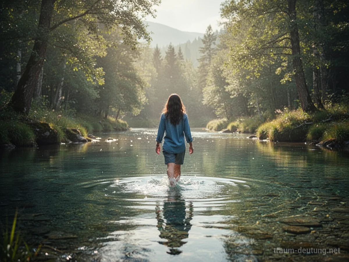 Eine Person geht durch klares Wasser in einer friedlichen Naturlandschaft.