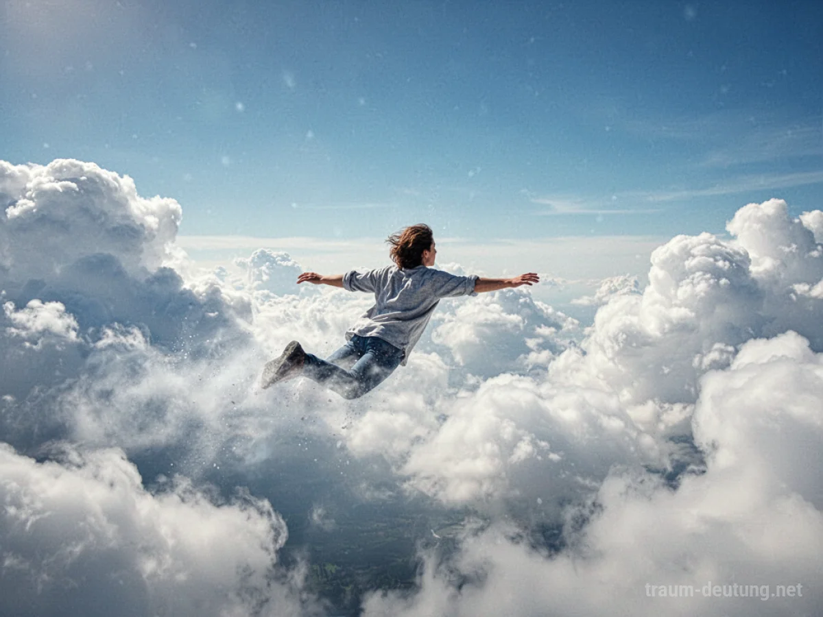 Eine Person fliegt leicht und frei durch weiche, weiße Wolken.