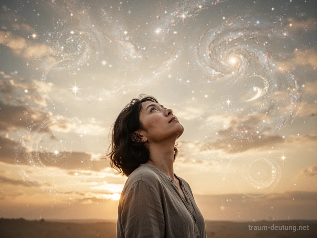 Eine Person blickt in einen erleuchteten Himmel voller hoffnungsvoller Muster.