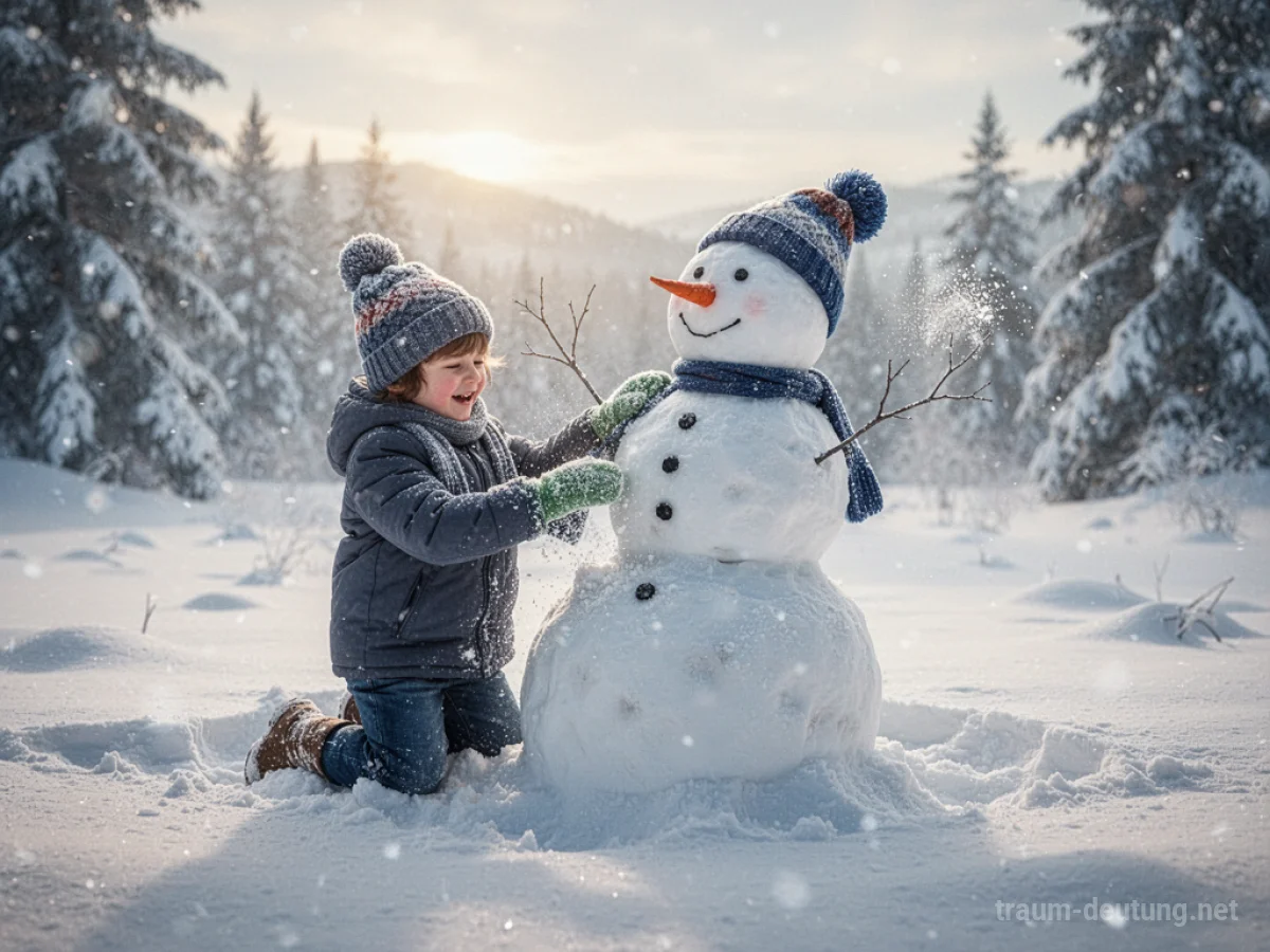 Kind baut einen Schneemann im Schnee.