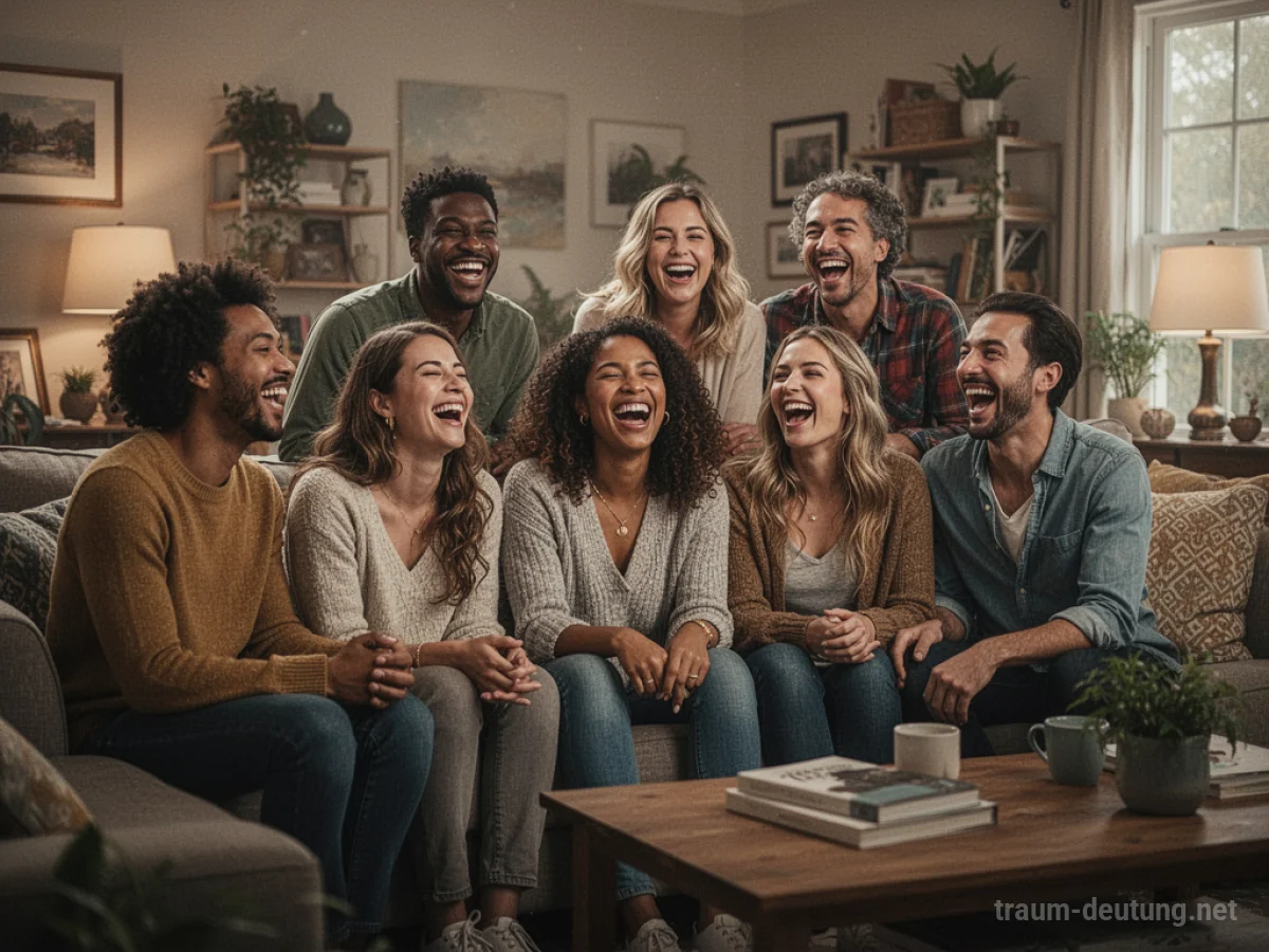 Gruppe von Freunden lacht gemeinsam in einem gemütlichen Wohnzimmer.