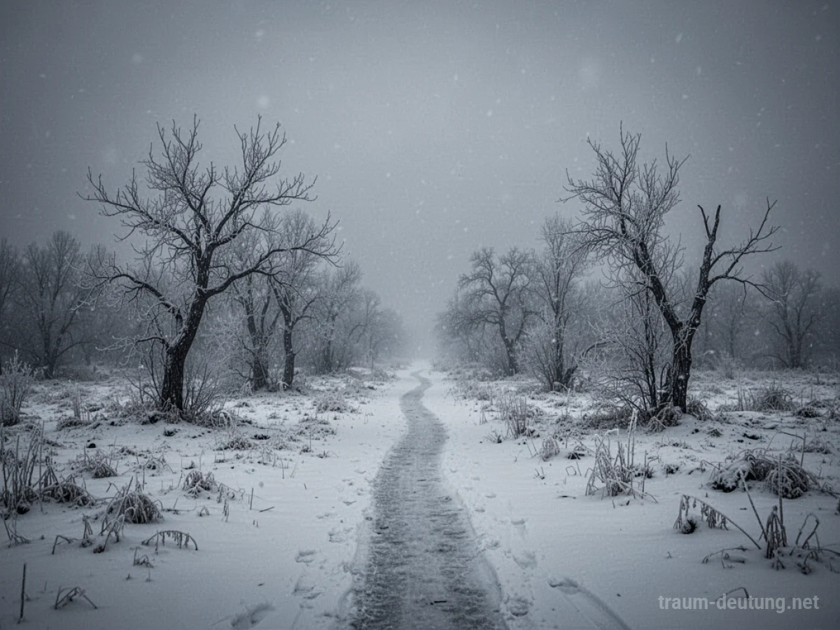 Endlose Schneelandschaft unter grauem Himmel mit gefrorenen Bäumen