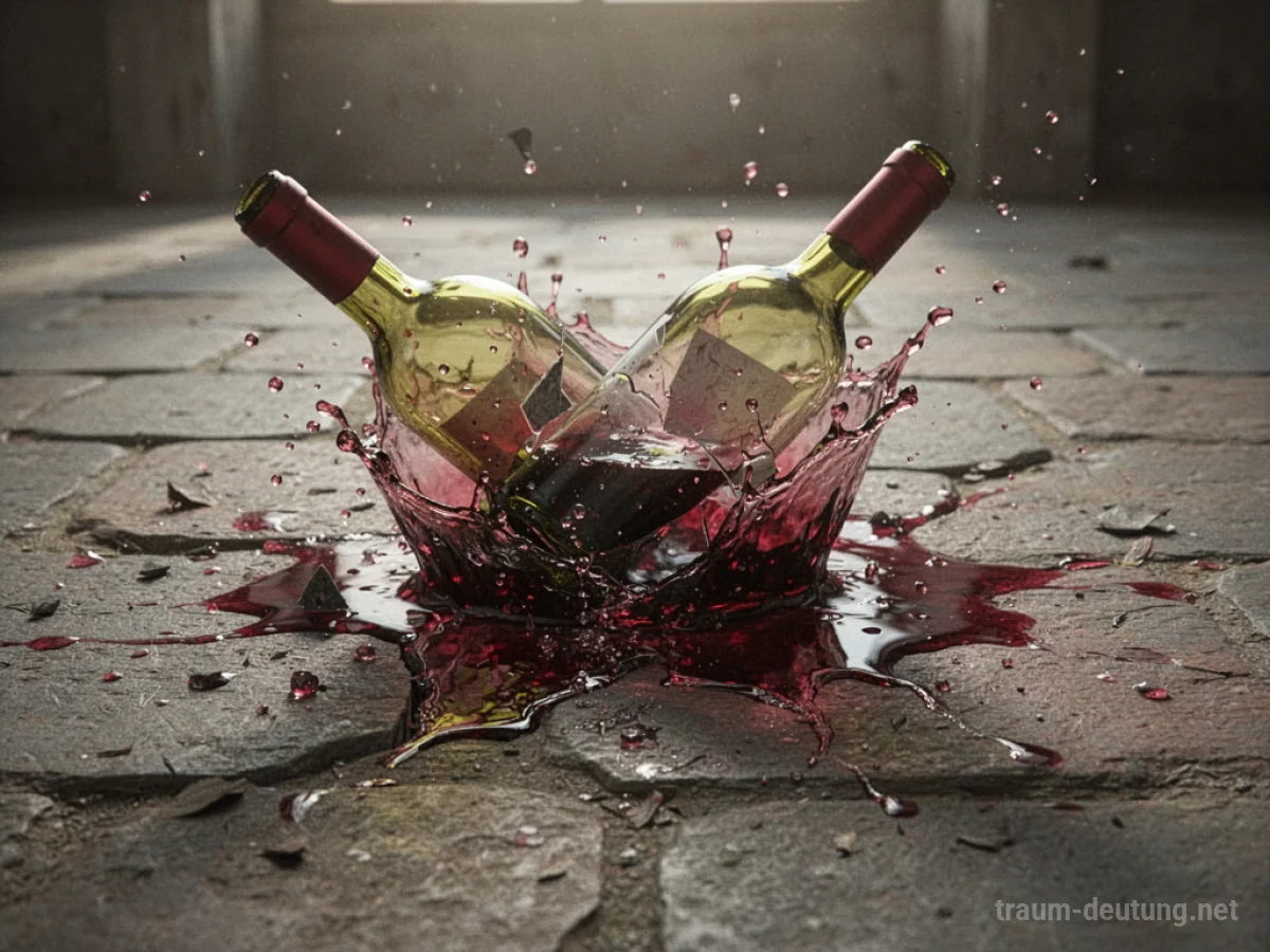 Zerbrechende Weinflasche auf steinigem Boden, Wein spritzt