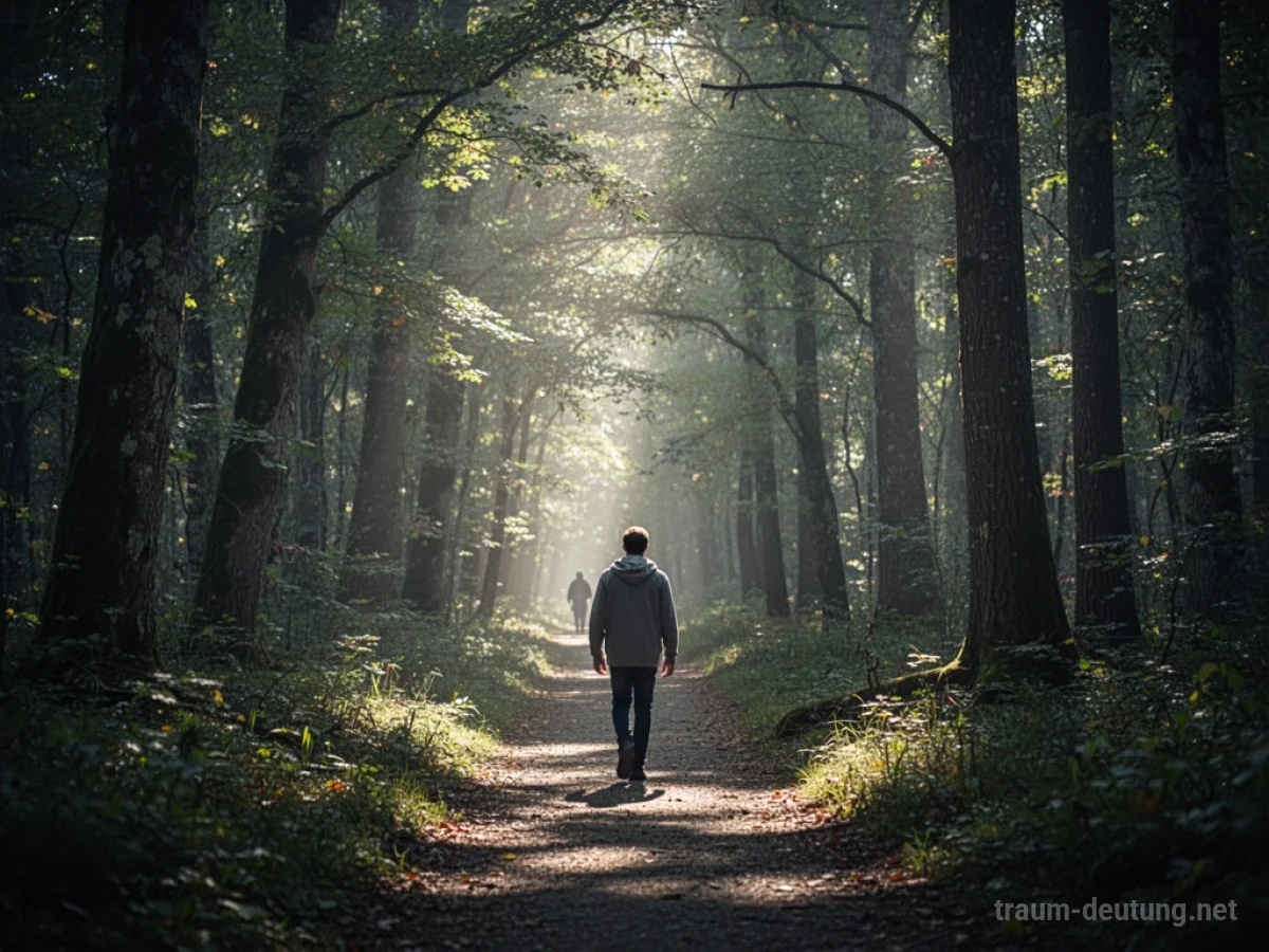 Eine Person auf einem Waldweg, eine andere Figur in der Ferne