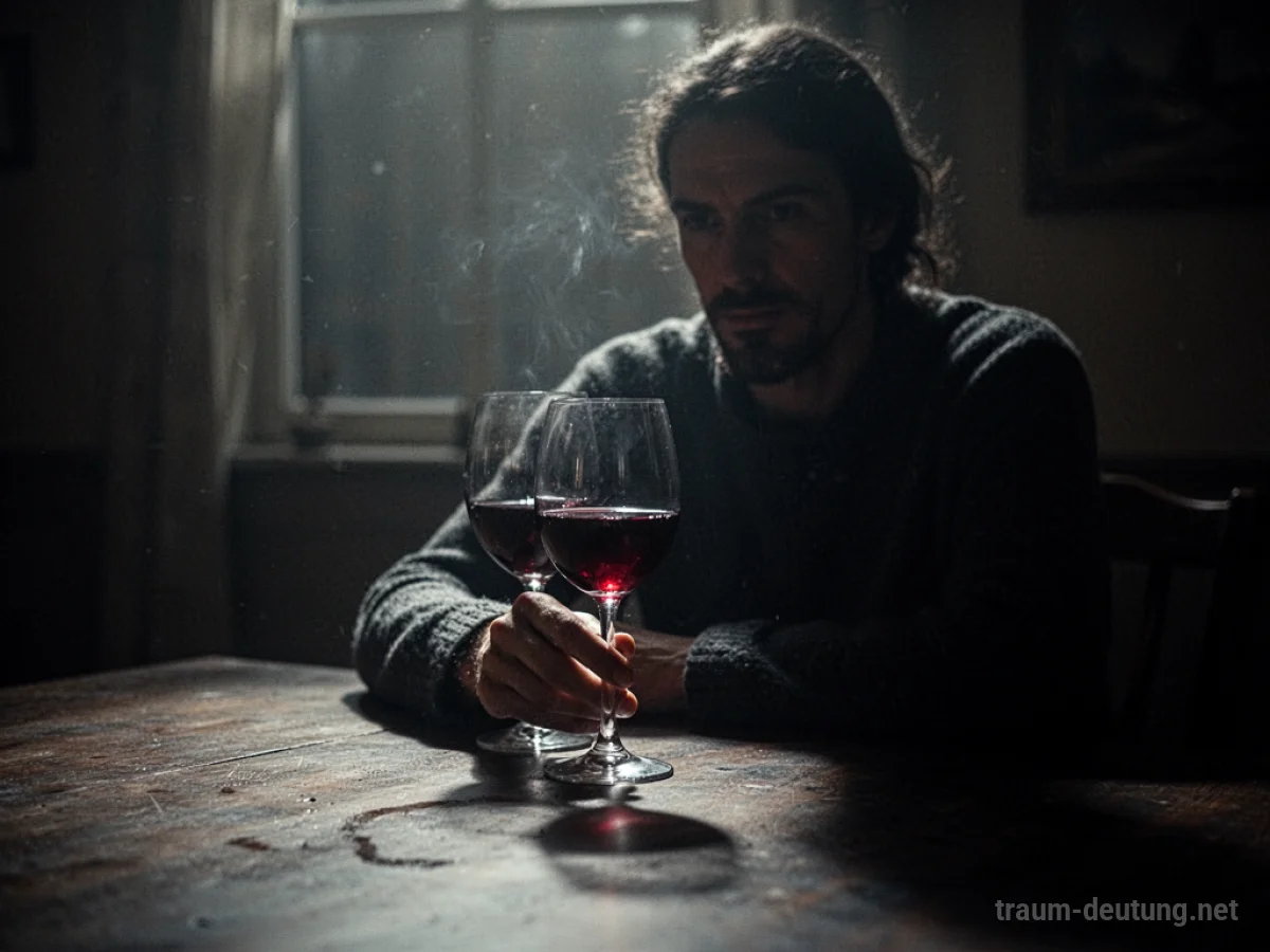 Schattenhafte Figur trinkt Rotwein an einem Tisch.