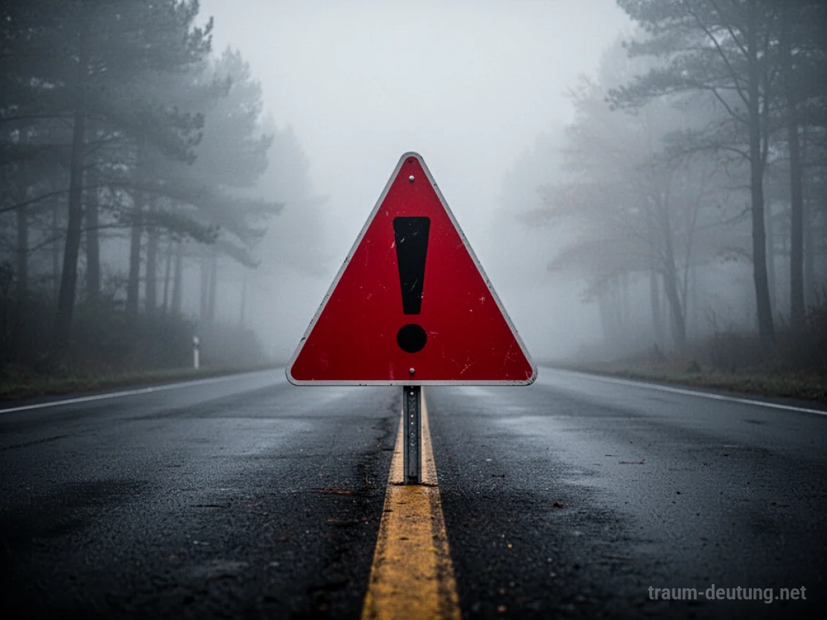 Rotes Warnschild mit Ausrufezeichen auf einer nebligen Straße.