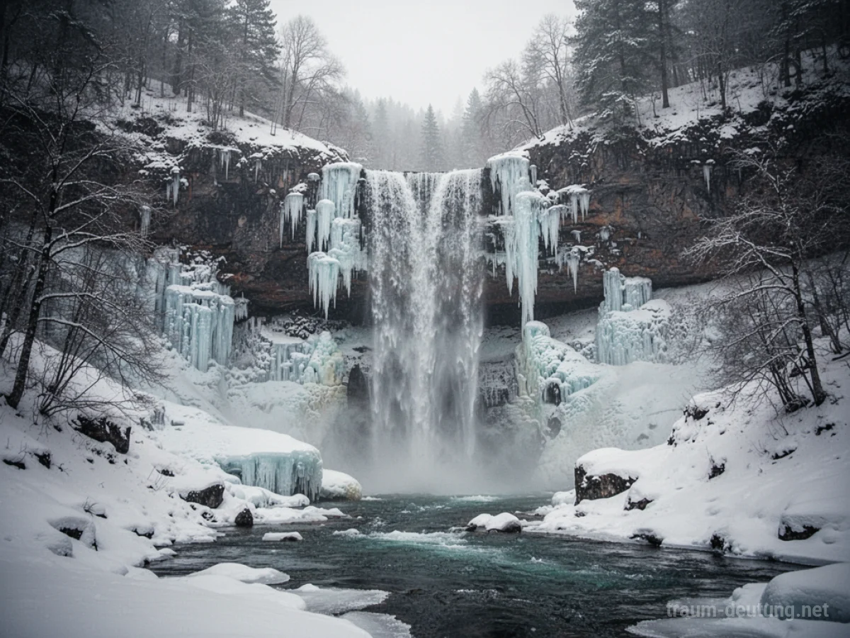 Ein gefrorener Wasserfall in einer stillen Winterlandschaft.