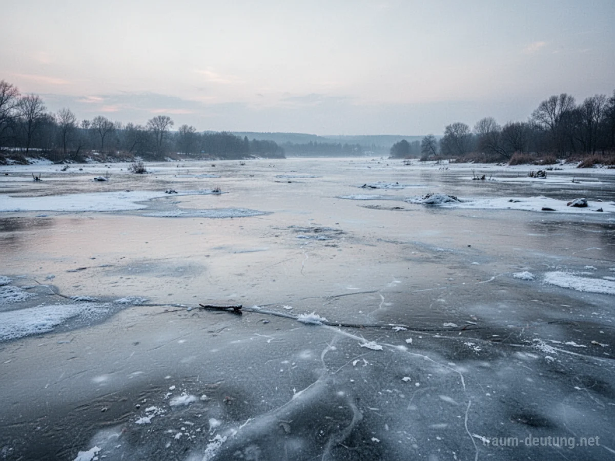 Oberfläche von gefrorenem Wasser unter einem grauen Himmel